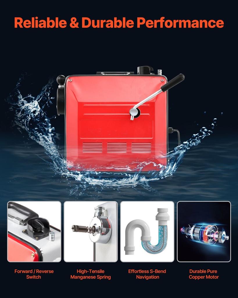 Drain Cleaner Machine, 850W Electric Pipe Drain Cleaning Machine Sewer Snake with 14.5m x 16mm, 14m x 22mm, 5m x 9.5mm, 0.4m x 12mm Steel Spring Cable