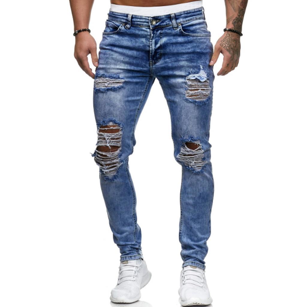 Men's Fashion Denim Hole Trouser Distressed Jeans Long Pencil Pants Streetwear