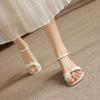 Real leather one-piece sandals for women's summer new style, rhinestone pleated soft sole commuting coarse heel sandals