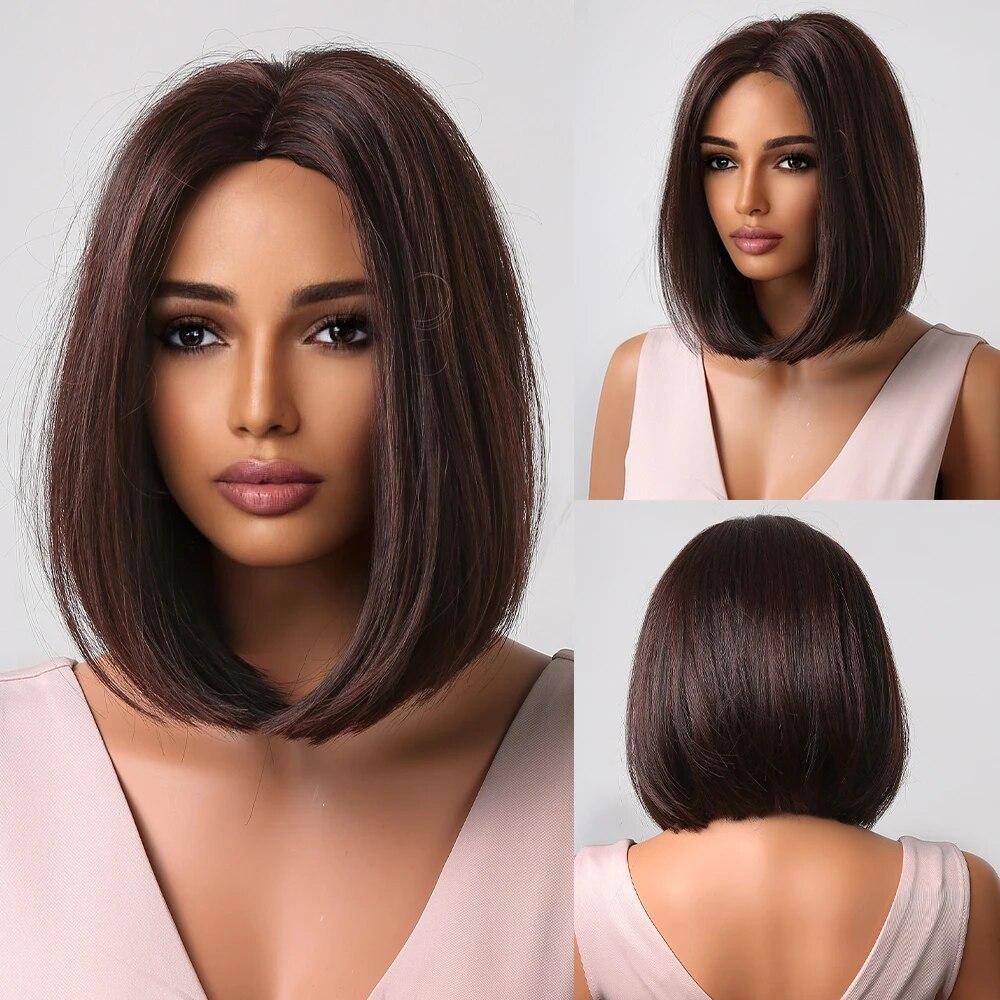 Purple Pink Ombre Black Short Straight Synthetic Wigs with Bangs Bob Wig for Women Daily Cosplay Party Heat Resistant Fake Hairs