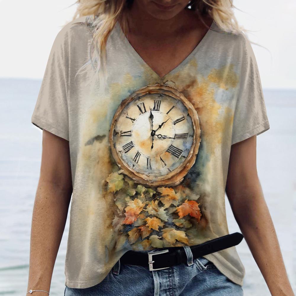Женская футболка, модный принт с часами, летняя одежда большого размера с короткими рукавами, уличная повседневная пуловер с v-образным вырезом, женские футболки