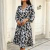Temperament and Elegance Outer Wear Fashion Women's Printed Long Sleeve Waist Dresses Autumn and Winter