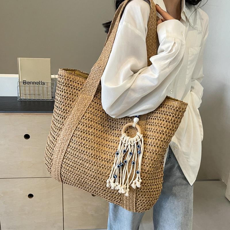 Yogodlns Летняя соломенная большая вместительная женская сумка через плечо с кисточками и плетеной пляжной сумкой-тоут