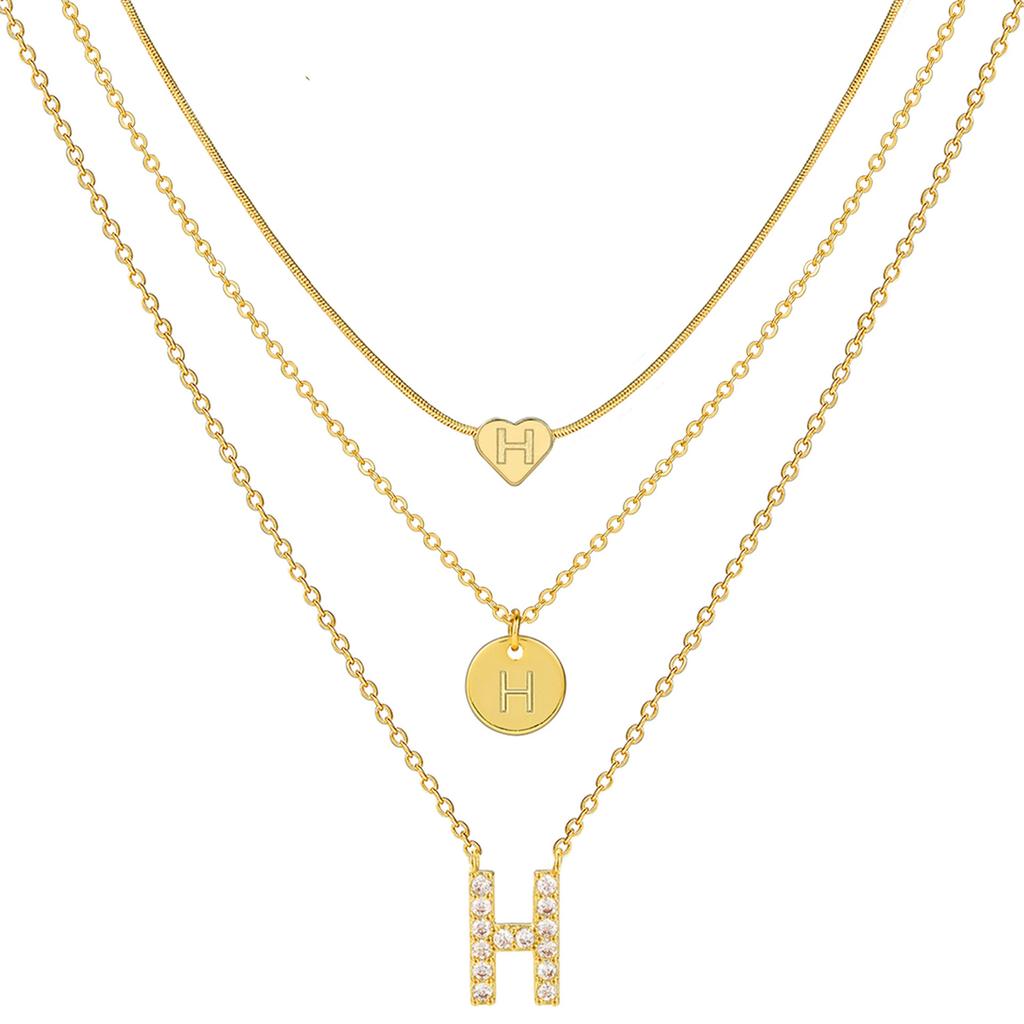 17KM 3 Pcs Plated Heart Initial Necklace Sets for Women Fashion Multilayer Letter Choker Necklaces Copper Metal Jewelry Gift
