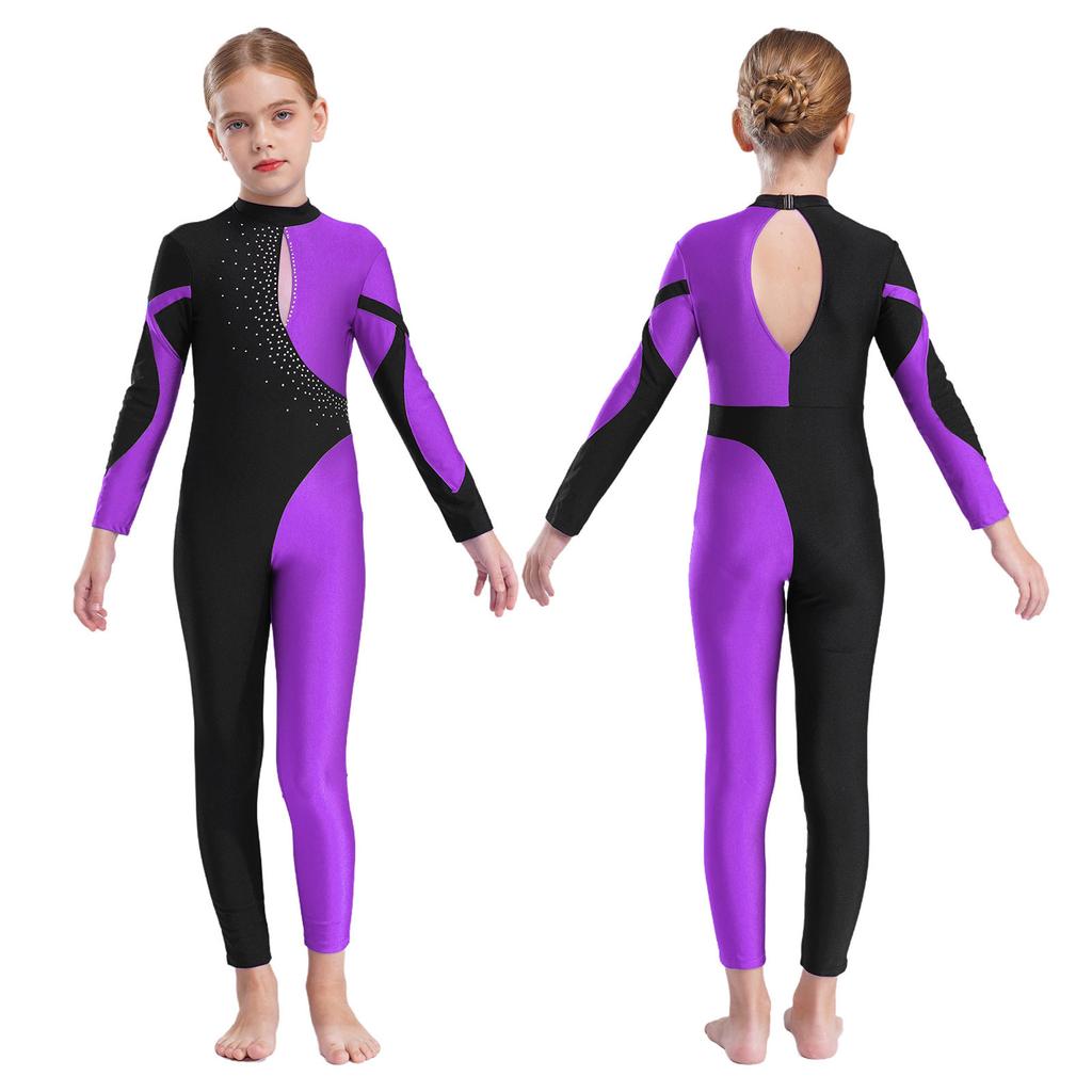 Rhythmic Gymnastics Jumpsuits Kids Shiny Rhinestone Ice Skating Bodysuit Girls Long Sleeve Ballet Dance Full Body Leotards Unitards Stage Wear