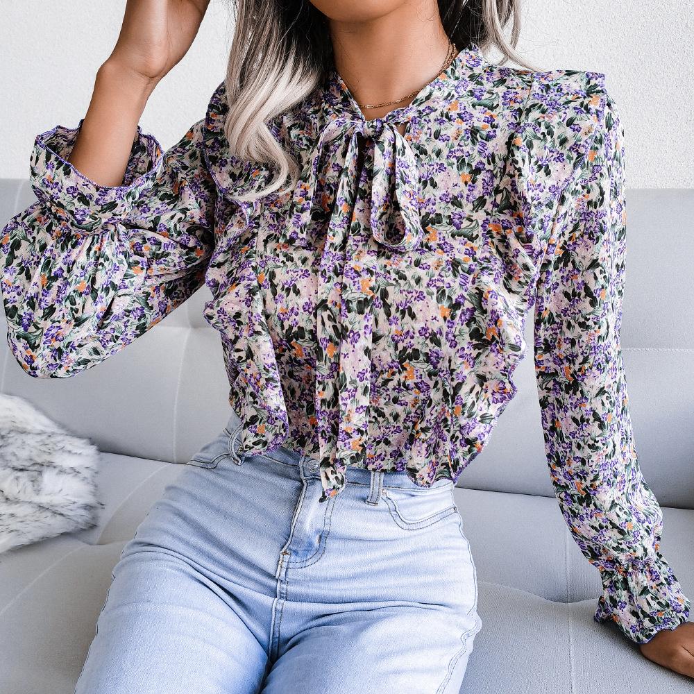 Women's Fall and Winter Casual Lace-up Ruffled Floral Chiffon Shirt