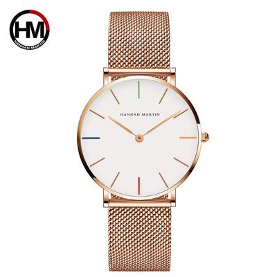 Японский кварцевый механизм, высокое качество, 36 мм, женские часы Hannah Martin, стальная сетка, розовое золото, водонепроницаемые женские часы