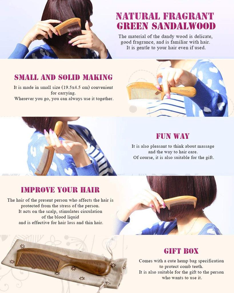 ORIENEX Премиальный деревянный гребень ORIENEX, расческа, массаж, антистатик, (Зеленый сандал)