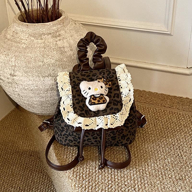 Korean Ruffle Lace Retro Leopard Print Girls' Kitten Backpack - Cute and Versatile Cartoon-Style Design