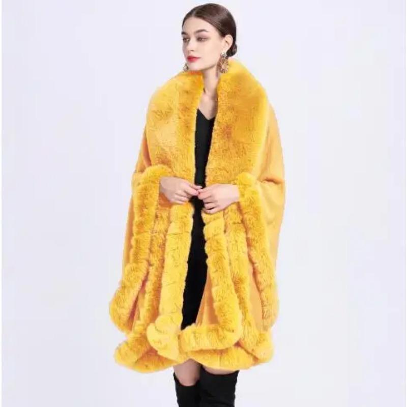 Oversize Winter Big Faux Fox Fur Neck Plus Size Poncho Out Streetwear Women Cloak Pashmina Batwing Sleeves Shawl Coat