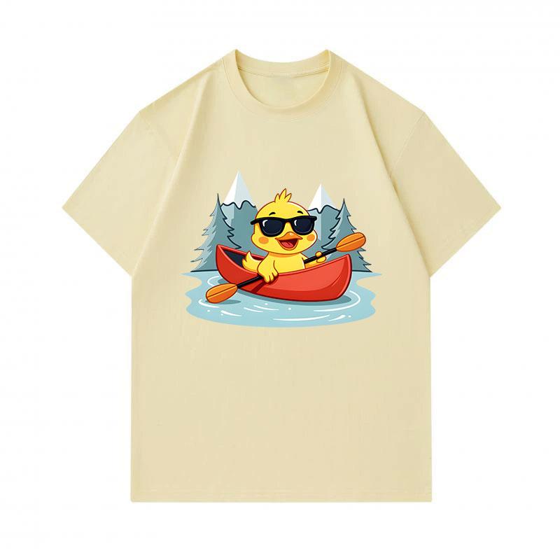 Men's 100% Cotton Crew Neck Short Sleeve T-Shirt, Cute Cool Yellow Duck Paddling Canoe Mountain Lake Print Casual Breathable Summer Tee for Daily Outd