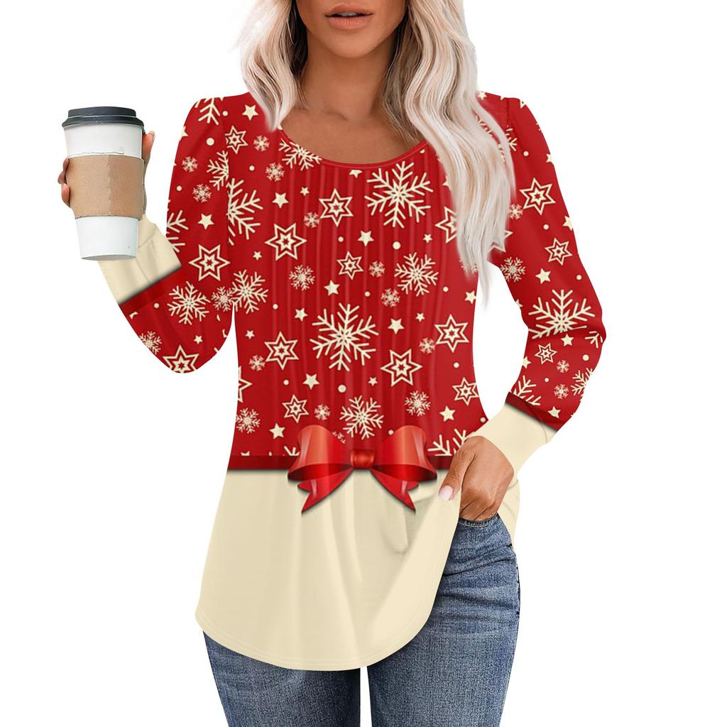 Женская модная повседневная плиссированная футболка с круглым вырезом и рождественским принтом с длинными рукавами