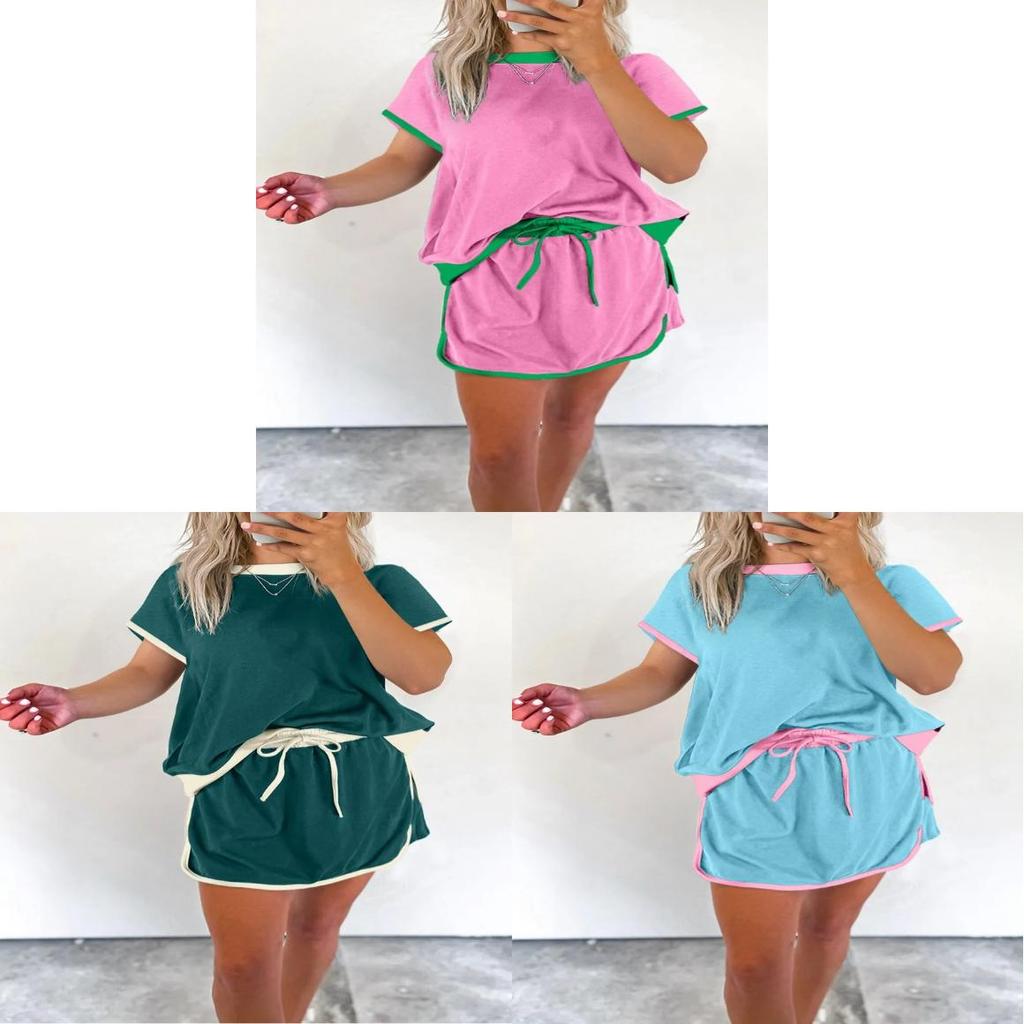 Summer Womens Colorblock T Shirt Dress Pants Set With Tie Detail For Casual Comfort