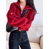 Design Sense Half-turtleneck Ladies Zipper Red Sweater, Spring and Autumn New High-waisted Sweater Loose and Thickened 6974#
