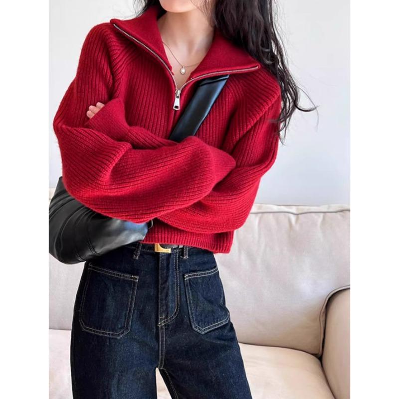 Design Sense Half-turtleneck Ladies Zipper Red Sweater, Spring and Autumn New High-waisted Sweater Loose and Thickened 6974#