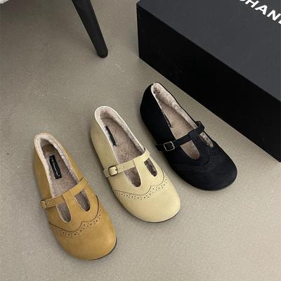 Бархатные туфли-лодочки на плоской подошве женские осенне-зимние с ремешком T-образной формы туфли Мэри Джейн теплые пушистые туфли женская обувь