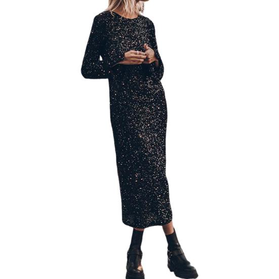 Женское весеннее платье с блестками и круглым вырезом, с длинным рукавом, свободное платье миди с открытой спиной, женское осеннее платье для выпускного вечера, вечеринки, свидания