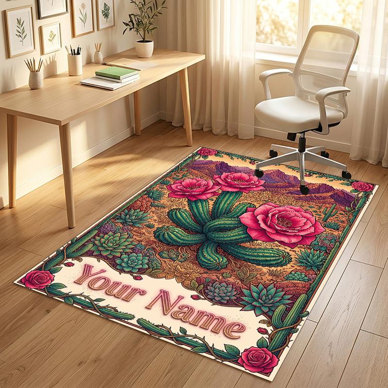 Desert Cactus Theme Soft Crystal Velvet Rug Custom Name & Text Print Non Slip Floor Rug for Bedroom Living Room