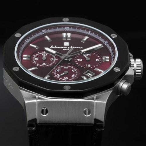 Salvatore Mara Watch Men's Chronograph 10 ATM Water Resistant Leather Strap Business 20th Anniversary Limited Model Silver Purple Black SM18117-SSPL