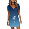 Women's Casual Printing Drawstring High Waist V-neck Short Sleeve  Dress