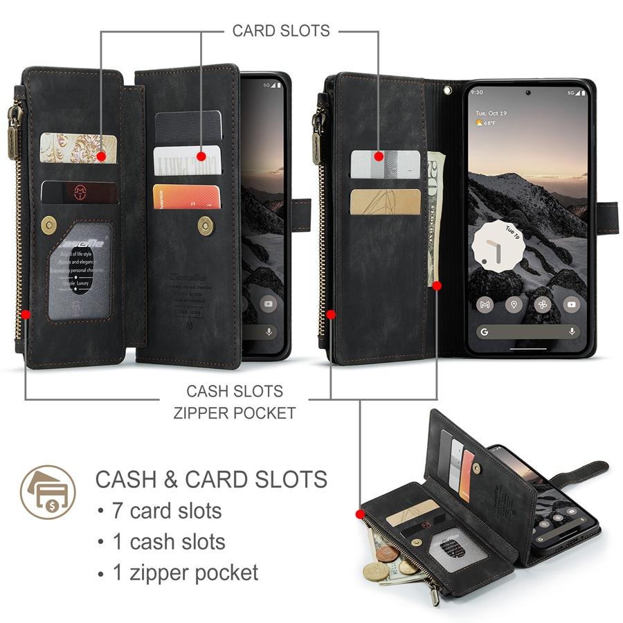 Large Capacity Multi-Card Zipper Wallet Phone Case with Hand Strap for Google Pixel 9 8 Pro Pixel 8a 7a Redmi Note 10 9 Pro Coin Pocket Phone Bag