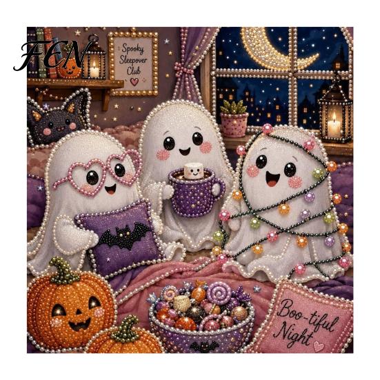 Non Scary Halloween Decor Projects Faux Pearl Painting Kit, Cute Ghost 3D Art DIY Cozy Autumn Home Decoration Kit for Adults, Christmas Craft Festive