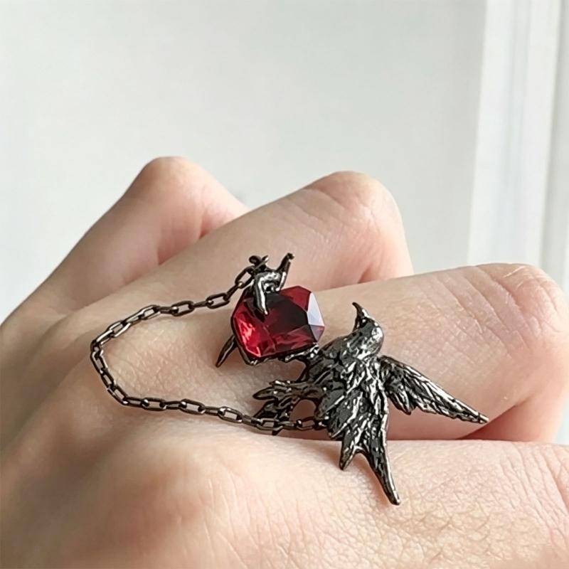 Готическое Кольцо с Вороном и Красным Камнем для Женщин Мужчин Уникальные Украшения из Цинкового Сплава Регулируемый Размер Пальцевые Аксессуары