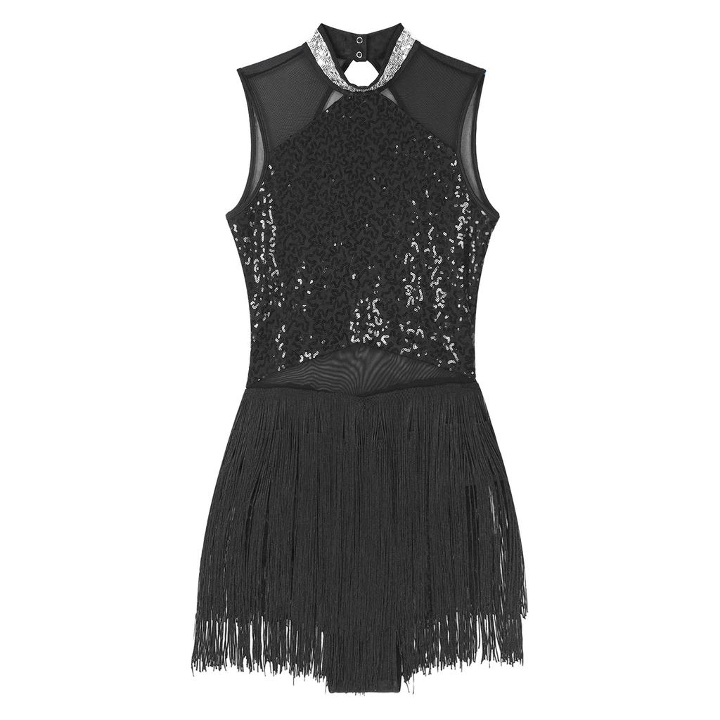 Женское блестящее трико со стразами и бахромой, сетчатое лоскутное платье с блестками для танцев, костюм для латинского танго, румбы, ча-ча