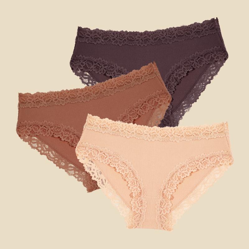 3Pcs Cotton Ribbed Striped Underwear for Women Sexy Lace Floral Panties Comfortable Low-Waist Briefs Female Solid Soft Lingerie