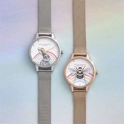 Authorized Retailer: OLIVIA BURTON Women's Watch OB16WL90 Illustrated Animals Rainbow Bee Rose Gold Mesh 30mm