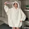 Осень-зима Женская толстовка с капюшоном, толстая, длинная, с декором в виде заячьих ушек, однотонная, свободная, с длинными рукавами, эластичными манжетами, теплая спортивная толстовка в повседневном стиле