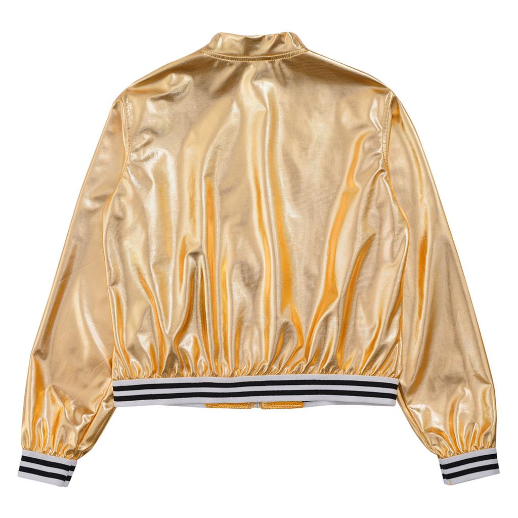 Детская блестящая бейсбольная куртка с длинными рукавами для девочек, блестящая куртка-бомбер на металлической молнии, пальто, верхняя одежда