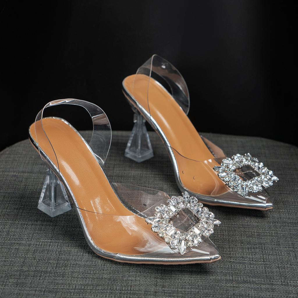Модные босоножки на высоком каблуке Женские Летние Новые ПВХ Большого размера Женская обувь Стразы Квадратная пряжка Острый носок Женские каблуки Прозрачные сандалии