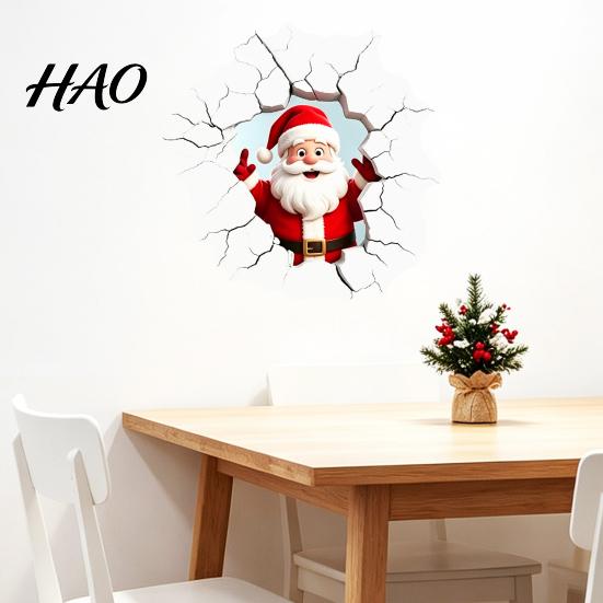 Easy to Apply Holiday Window Stickers 3D Santa Claus Wall Sticker, Realistic Breaking Decal for Christmas Decoration, Decor Living Room Waterproof PVC