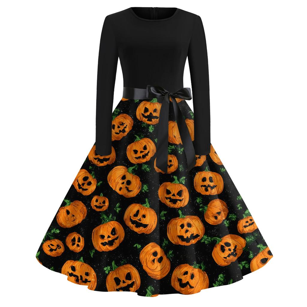 Women's Casual Long Sleeve Round Neck Dress Vintage Style Halloween Print Skater Dress with Waist Tie Belt Retro Swing Midi Dress