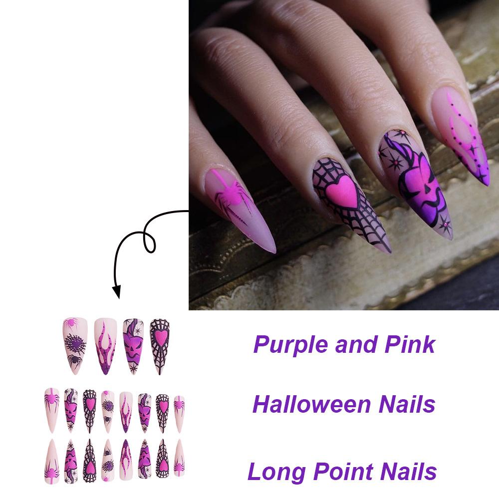 24pcs Press On Nails Halloween Long Spiked Nails Spider Web Purple Heart Cool Purple Halloween Elements False Nails