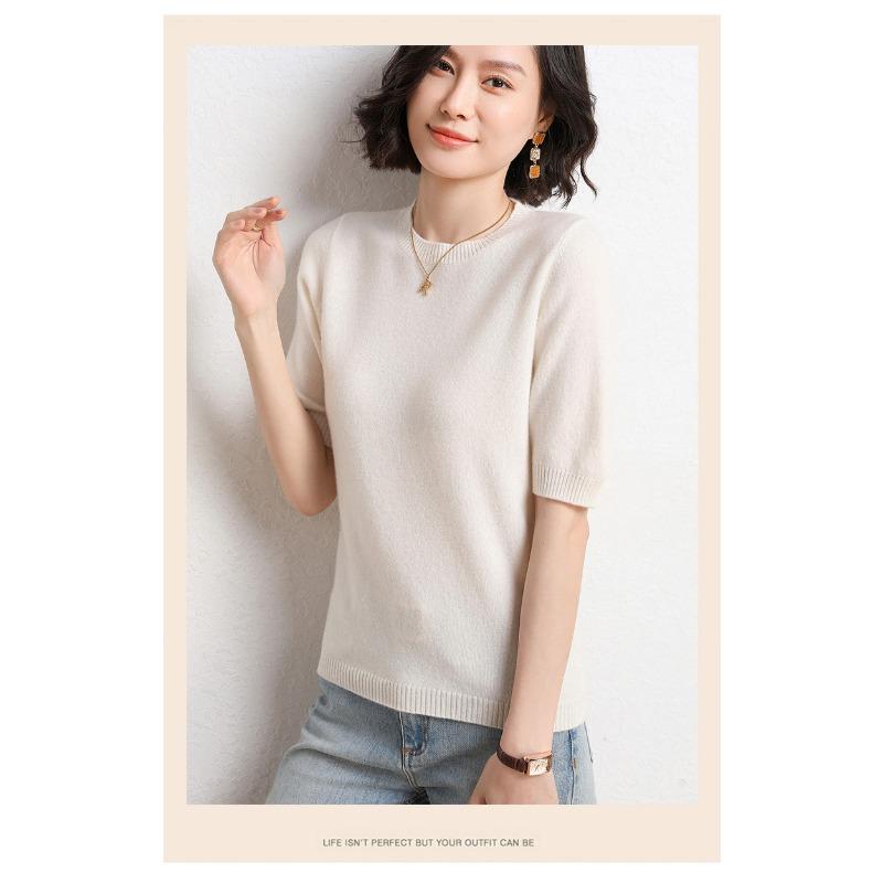 Женский свитер с круглым вырезом, шерстяной свитер с короткими рукавами, однотонный, для поездок на работу, простой, повседневный, трикотажный низ рубашки, теплый, удобный, на осень