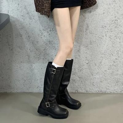 Ретро Ботинки до колена на ремне Женские Осенне-зимние Модные Универсальные Рыцарский стиль Верхняя одежда Кожа Микрофибра Ботинки до колена