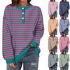 Women's Casual Fashion Comfortable Striped Long Sleeve Round Neck Button Casual Loose Hem Side Slit T-Shirt Tops