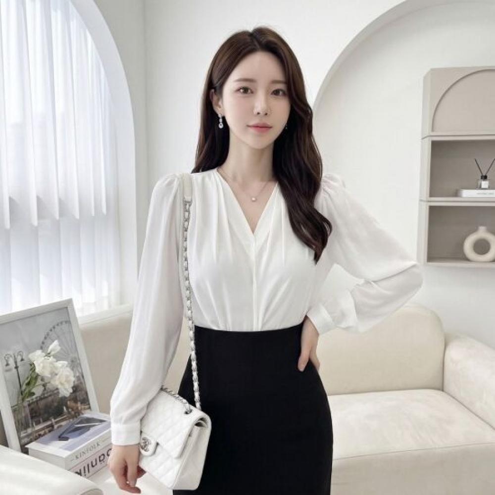 Style Latte Women V Neck Pintuck Long sleeVe Chiffon Blouse interView Look