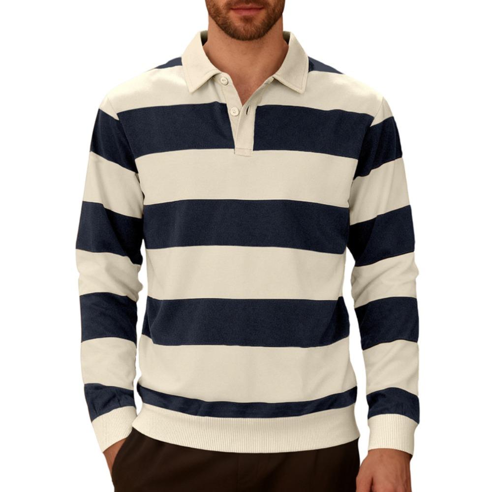 Men Long-sleeved T-shirt 2025 Autumn New Fashion Trend Striped Printing Casual Loose Outdoor Camping Lapel Top Couple POLO Shirt