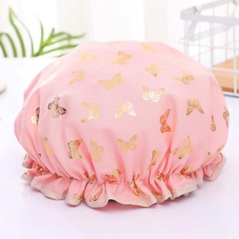 Waterproof Double Shower Cap Gold Printed Terylene Cotton Hair Cap for Women Bathing Essential