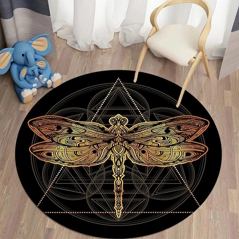 Bohemian Dragonfly Round Carpet Soft Floor Mat For Living Room Sofa Chair Children's Room Non-slip Area Rug Home Decor Doormat