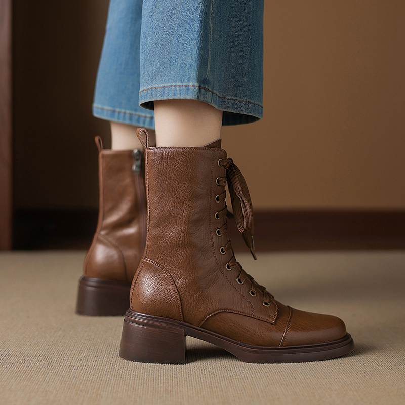 Krazing Pot Cow Skin Round Toe Thick Heels Motorcycle Boots Size 42 Lace Up Women Keep Warm Mid-calf Boots