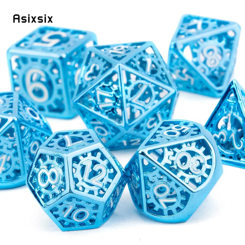 7 Pcs Blue White Gear Wheel Metal Dice Hollow Metal Polyhedral Dice Set Suitable for Role-Playing RPG Board Game Card Game