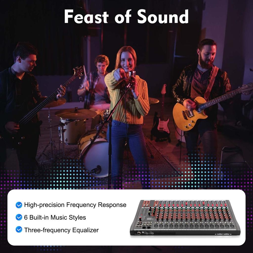 16-Channel Audio Mixer with Bluetooth,48V Phantom Power,6 Sound Styles,Real-Time Monitoring for Home KTV,Live Streaming,Stage