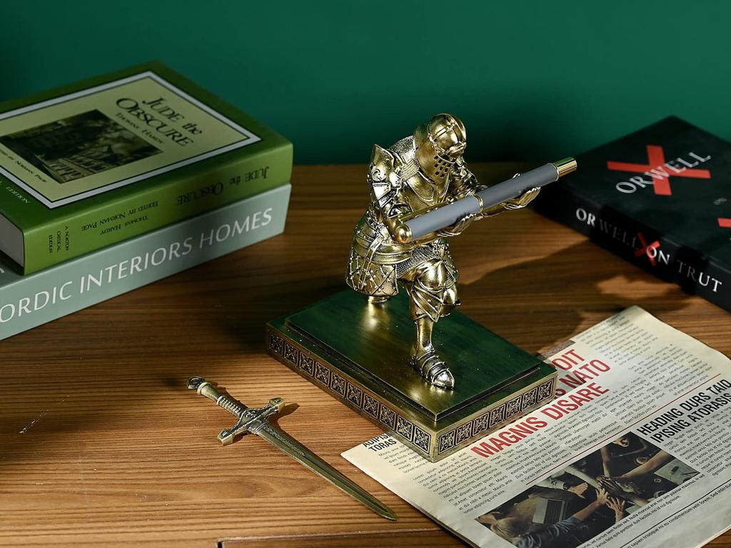 HDMbigmi Kingsguard Knight Pen Holder Pen Stand Desk Organizer and Accessories Resin Pencil Holder with Metal Sword Letter Opener for Office and Home