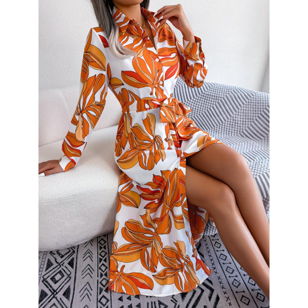 Весеннее и осеннее женское платье, платье-рубашка с цветочным узором и лацканами, длинное платье