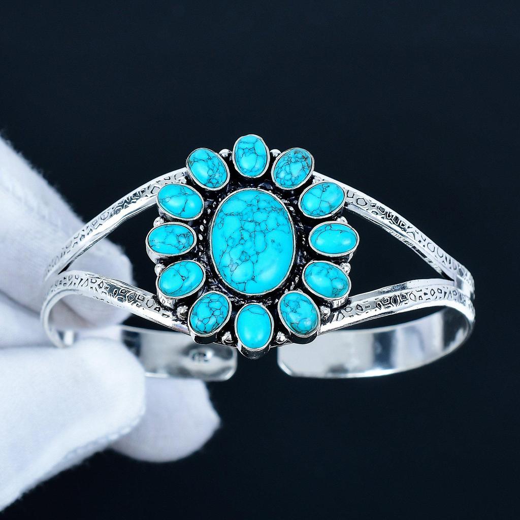 Натуральный бирюзовый драгоценный камень Ручной работы Манжета-браслет из стерлингового серебра 925 пробы, Браслет в форме цветка из бирюзы для жены, Унисекс браслет