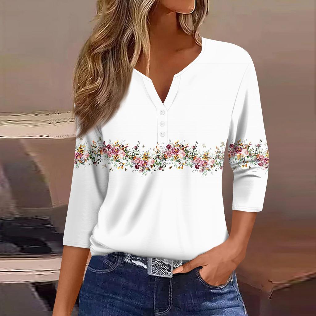 Women's T Shirt Tee Print Button  3/4 Sleeve Daily Weekend Fashion Basic V- Neck Regular Top